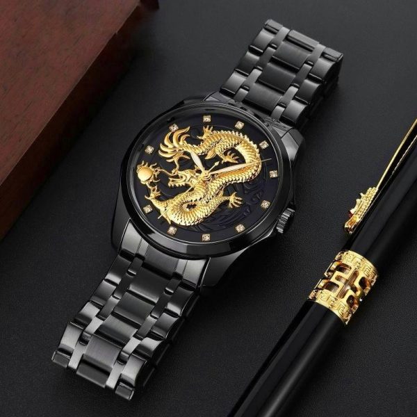 Millenium Dragon Quartz Luxury Stainless Steel Alloy Business Waterproof Wristwatches For Men - Black - Image 2