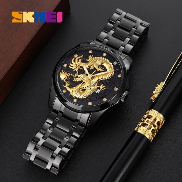 SKMEI 9193 Dragon Quartz Luxury Stainless Steel Alloy Business Waterproof Wristwatches For Men - Black - Image 2