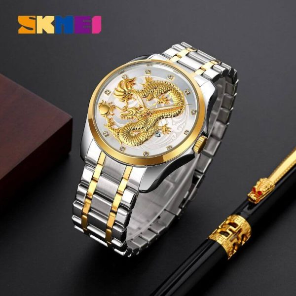 SKMEI 9193 Dragon Quartz Luxury Stainless Steel Alloy Business Waterproof Wristwatches For Men - Golden/Silver