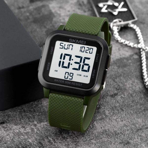 SKMEI 1894 Digital Movement Stopwatch Countdown LED  Display Square Shape Watch For Men - Green - Image 2