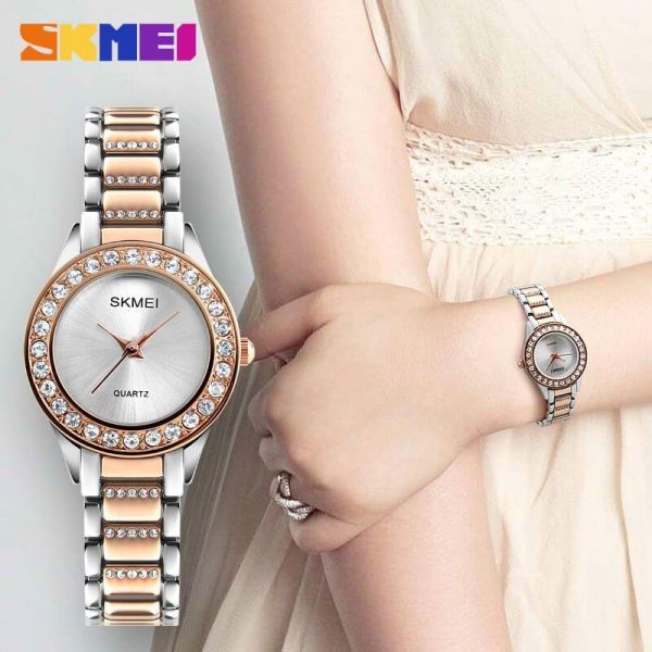 SKMEI 1262 Luxury Rhinestone Women's Plain Display Stainless Steel Quartz Watch - Silver/RoseGold - Image 2