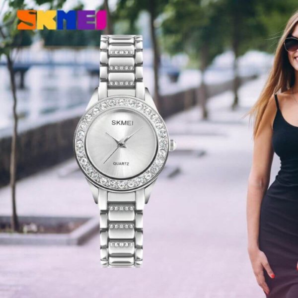 SKMEI 1262 Luxury Rhinestone Women's Plain Display Stainless Steel Quartz Watch - Silver - Image 2