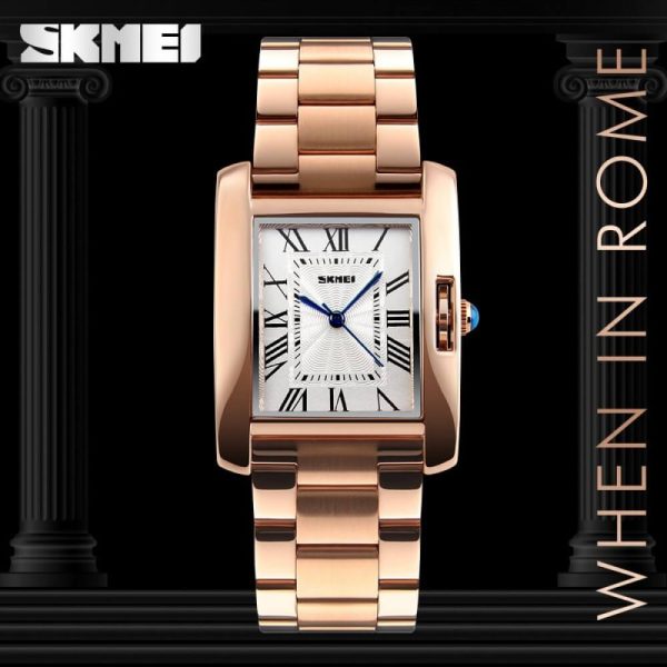 SKMEI 1284 Women's Fashionable Rectangle Dial Roman Numeric Index Design Stainless Steel Analog Watch - RoseGold - Image 4