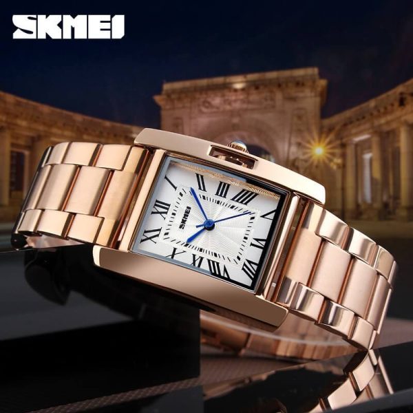 SKMEI 1284 Women's Fashionable Rectangle Dial Roman Numeric Index Design Stainless Steel Analog Watch - RoseGold - Image 3