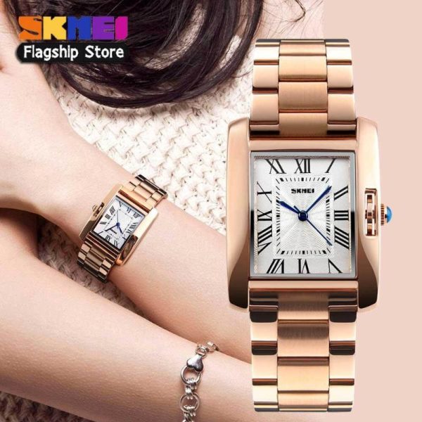 SKMEI 1284 Women's Fashionable Rectangle Dial Roman Numeric Index Design Stainless Steel Analog Watch - RoseGold - Image 2