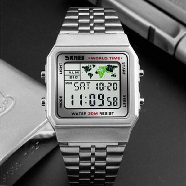 SKMEI 1338 Men's Stainless Steel Countdown Time Zone Waterproof LED Electronic Digital Watch - Silver - Image 4