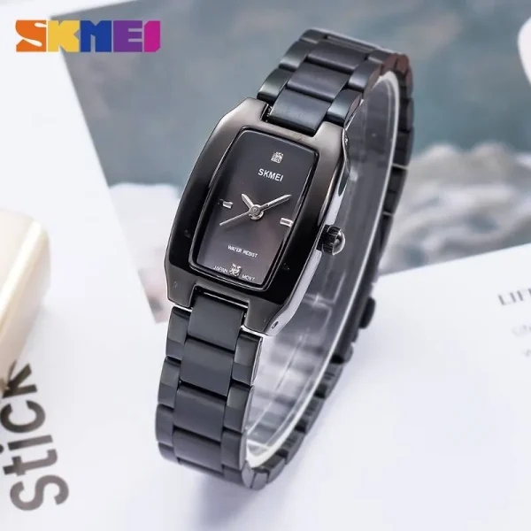 SKMEI 1400 Women's Luxury Simple Rhinestone Rectangle Dial Quartz Movement Stainless Steel Watch - Black - Image 2