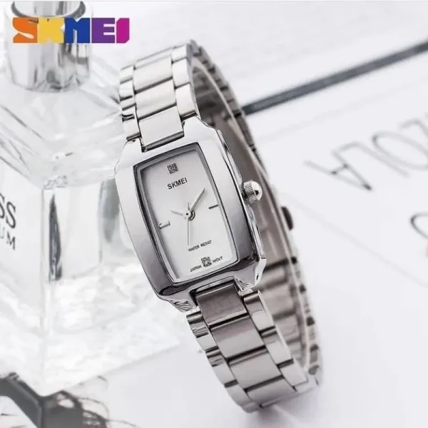 SKMEI 1400 Women's Luxury Simple Rhinestone Rectangle Dial Quartz Movement Stainless Steel Watch - Silver - Image 2