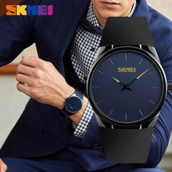 SKMEI 1601 Casual Elegant Slim Dial Silicon Strap Quartz Watch For Men - Black/Blue - Image 2