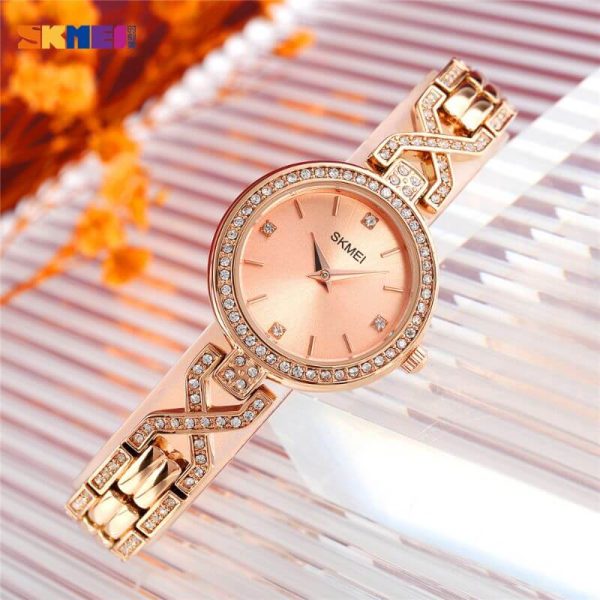 SKMEI 1738 Iced Elegant Round Dial Diamond Rhinestone Bracelet Design Stainless Steel Watch For Women - RoseGold - Image 2