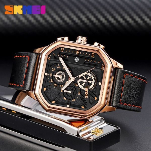 SKMEI 1963 Men's Fashion Multifunction Chronograph Square Dial Date Display Leather Strap Watch - Rosegold/Black - Image 4