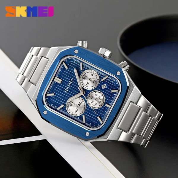 SKMEI 2201 New Business Classic Quartz Movement Date Stopwatch Function Stainless Steel Watch For Men - Blue/Silver - Image 2