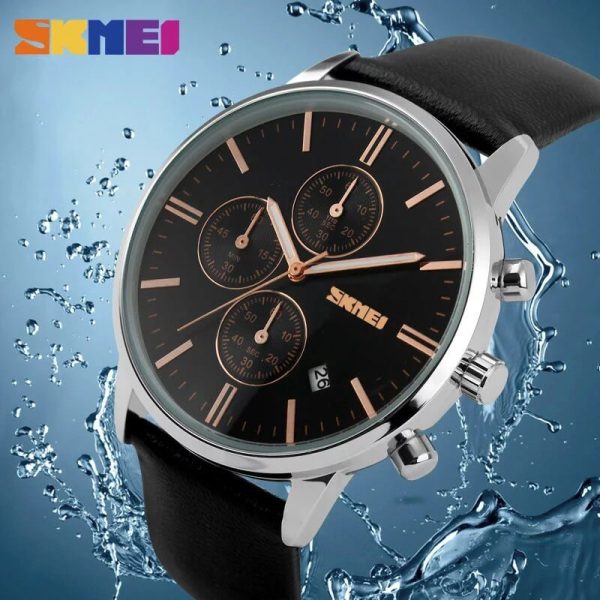 SKMEI 9103 Men's Classic Casual Chronograph Leather Strap Multifunction Date Indicator Quartz Watch - Black - Image 2