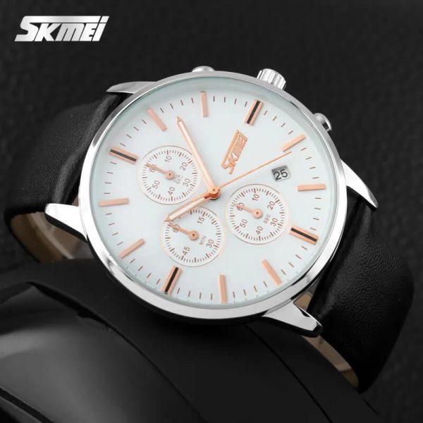 SKMEI 9103 Men's Classic Casual Chronograph Leather Strap Multifunction Date Indicator Quartz Watch - Black/White - Image 3