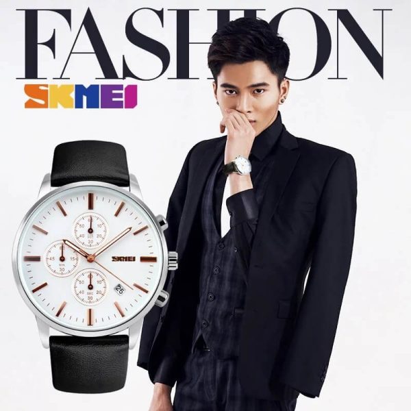 SKMEI 9103 Men's Classic Casual Chronograph Leather Strap Multifunction Date Indicator Quartz Watch - Black/White - Image 2