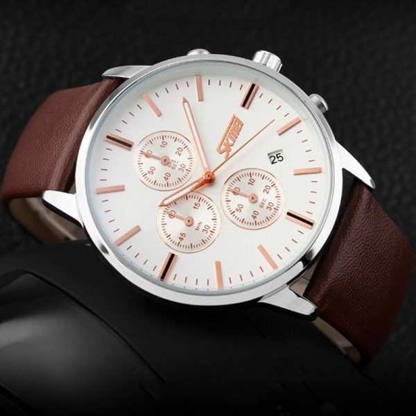 SKMEI 9103 Men's Classic Casual Chronograph Leather Strap Multifunction Date Indicator Quartz Watch - Brown/Silver - Image 2