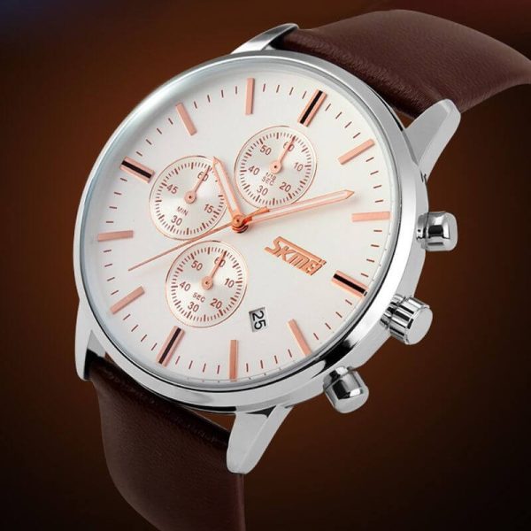 SKMEI 9103 Men's Classic Casual Chronograph Leather Strap Multifunction Date Indicator Quartz Watch - Brown/Silver - Image 3