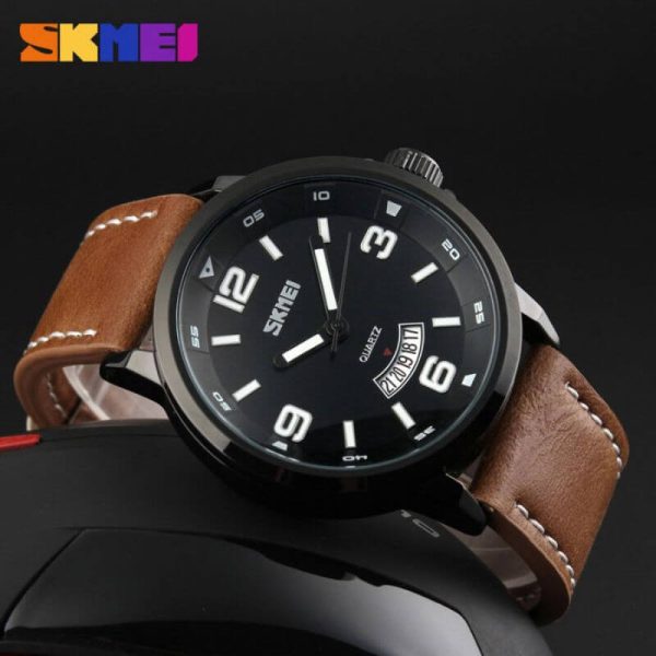 SKMEI 9115 Men's Casual Date Display Leather Strap Luminous Quartz Watch - Brown - Image 3