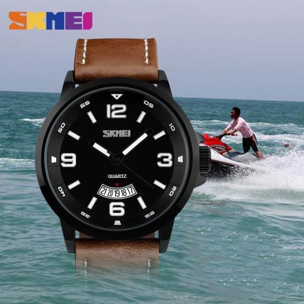 SKMEI 9115 Men's Casual Date Display Leather Strap Luminous Quartz Watch - Brown - Image 4