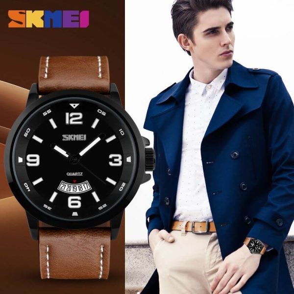 SKMEI 9115 Men's Casual Date Display Leather Strap Luminous Quartz Watch - Brown - Image 2