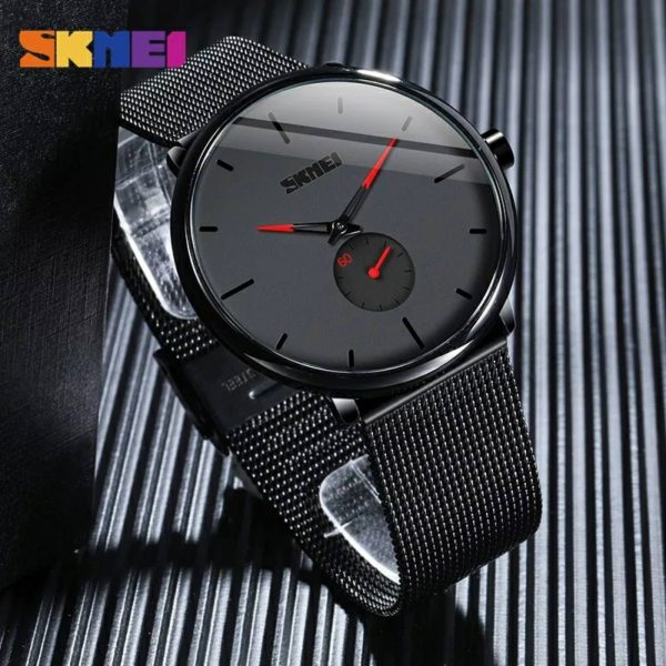 SKMEI 9185 Simple Classic Stainless Steel Mesh Waterproof Quartz Wristwatch For Men - Black/Red