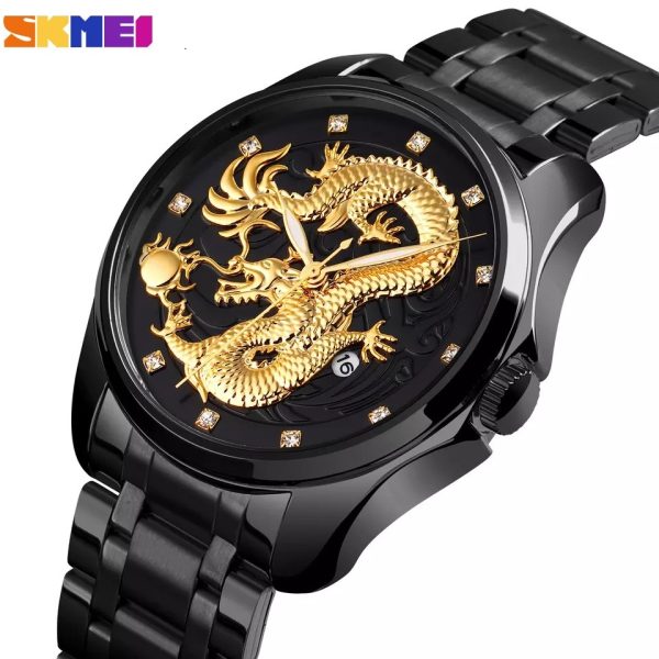 SKMEI 9193 Dragon Quartz Luxury Stainless Steel Alloy Business Waterproof Wristwatches For Men - Black