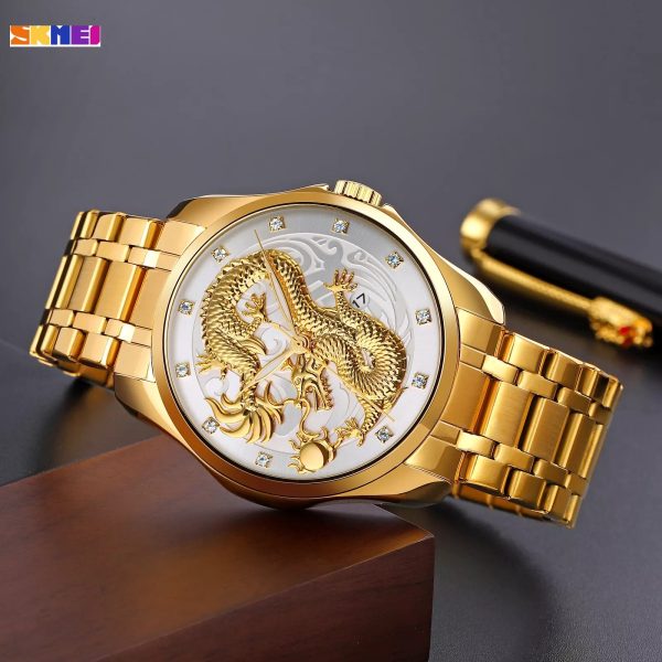 SKMEI 9193 Dragon Quartz Luxury Stainless Steel Alloy Business Waterproof Wristwatches For Men - White/Golden