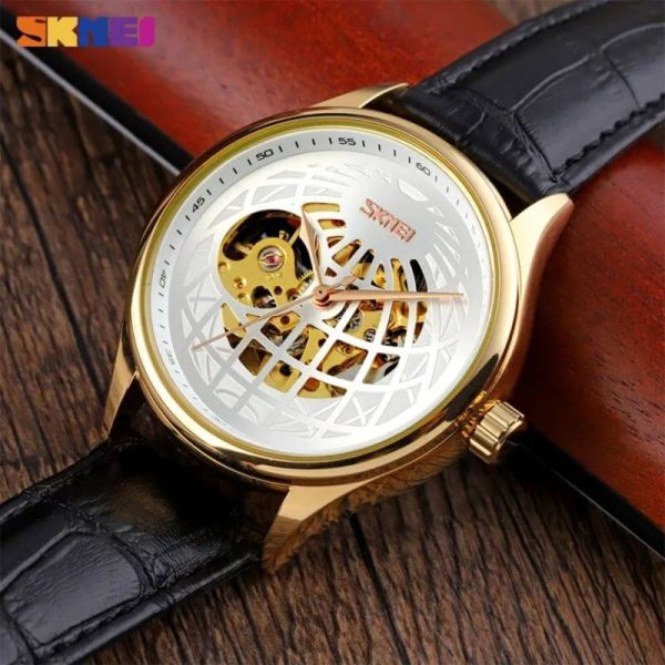 SKMEI 9209 Men's Automatic Hollowing Mechanical Fashion Business Leather Strap Watch - Black/White - Image 3