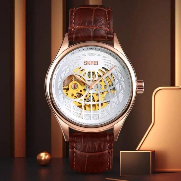 SKMEI 9209 Men's Automatic Hollowing Mechanical Fashion Business Leather Strap Watch - Brown/White - Image 2