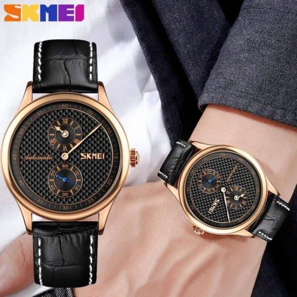 SKMEI 9238 Automatic Mechanical Business Chronograph Leather Strap Watch For Men - Black/RoseGold - Image 2