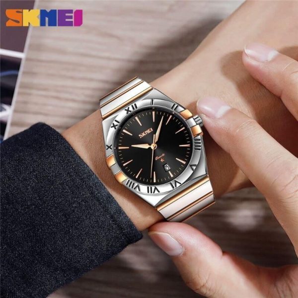 SKMEI 9257 Business Casual Roman Numeral Date Display Stainless Steel Wristwatch For Men - Silver/RoseGold - Image 2