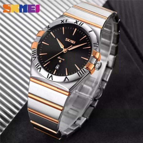 SKMEI 9257 Business Casual Roman Numeral Date Display Stainless Steel Wristwatch For Men - Silver/RoseGold - Image 3