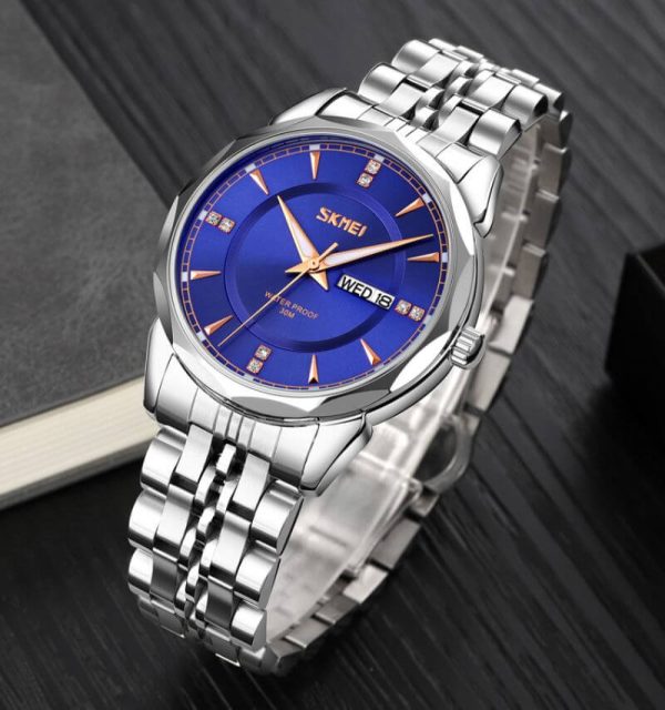 SKMEI 9268 Luxury Fashionable Day Date Function Geometric Cutting Round Dial Stainless Steel Watch For Men - Silver/Blue - Image 2