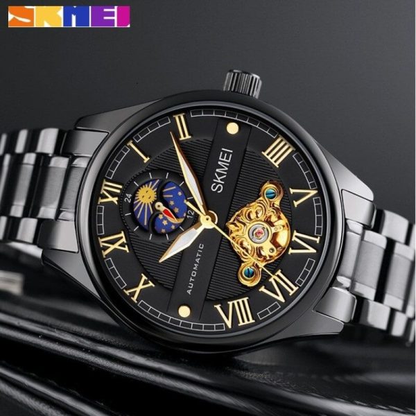 SKMEI M024 Fashionable Automatic Moon Phase Mechanical Roman Numeric Index Luminous Stainless Steel  Men's Watch - Black - Image 2