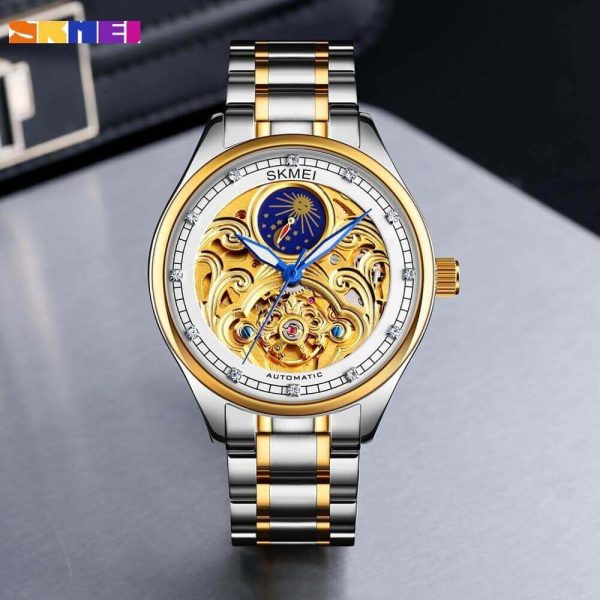 SKMEI M025 Men's Two Tone Moon Phase Mechanical Rhinestone Luminous Stainless Steel Watch - Silver/Golden - Image 2