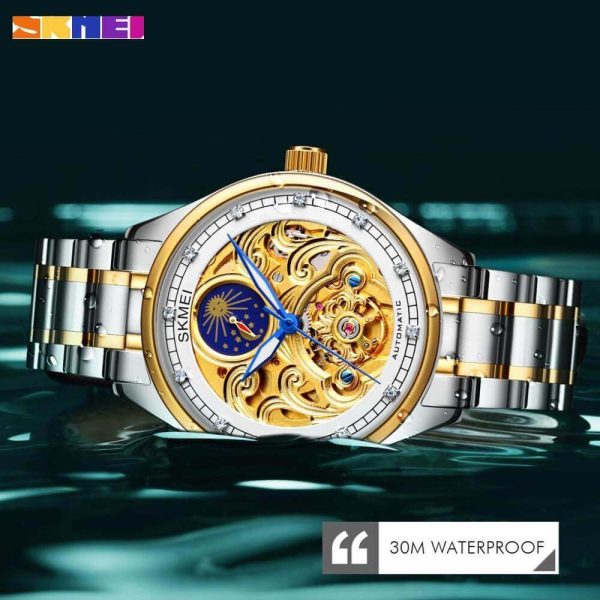 SKMEI M025 Men's Two Tone Moon Phase Mechanical Rhinestone Luminous Stainless Steel Watch - Silver/Golden - Image 3