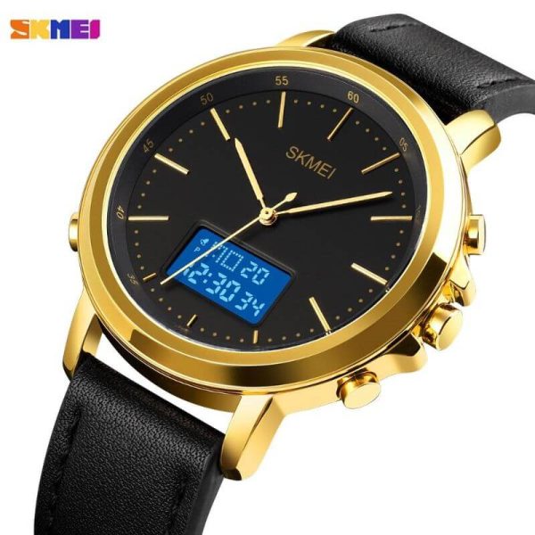 Skmei 1652 Men's Casual Dual Movement LED Light Display Leather Strap Wristwatch - Black/Gold