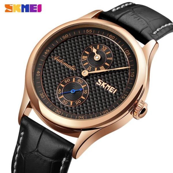 SKMEI 9238 Automatic Mechanical Business Chronograph Leather Strap Watch For Men - Black/RoseGold