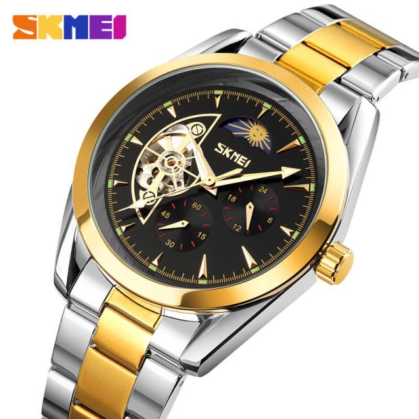 SKMEI 9237 Luxury Automatic Moon Phase Mechanical Stainless Steel Quartz Watch For Men - Golden /Black