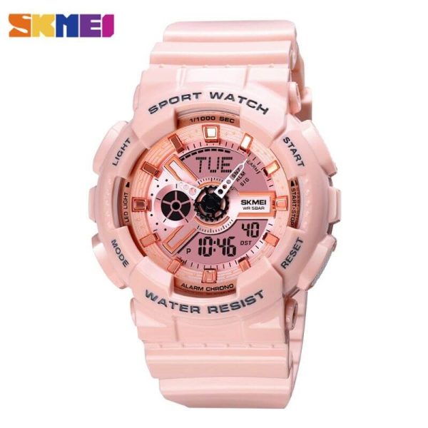 SKMEI 1689 Women's Fashion Chronograph Dual Display Alarm EL Light Sport Watch - Pink