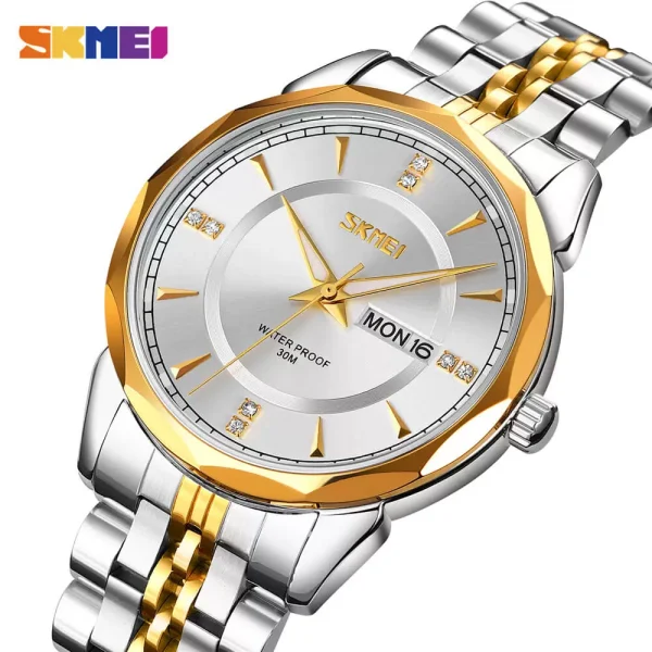 SKMEI 9268 Luxury Fashionable Day Date Function Geometric Cutting Round Dial Stainless Steel Watch For Men - Silver/Golden