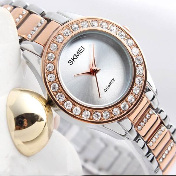 SKMEI 1262 Luxury Rhinestone Women's Plain Display Stainless Steel Quartz Watch - Silver/RoseGold - Image 3