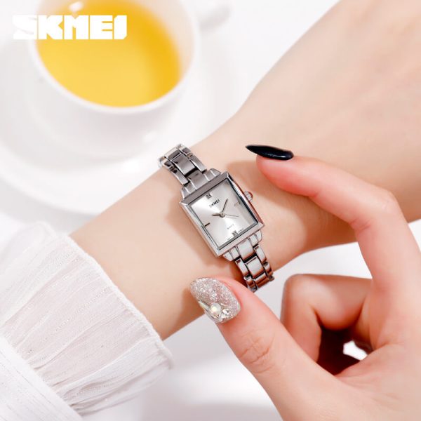 SKMEI 1407 Women's Rectangle Shape Diamond Studded Ultra Thin Stainless Steel Analog Watch - Silver - Image 3