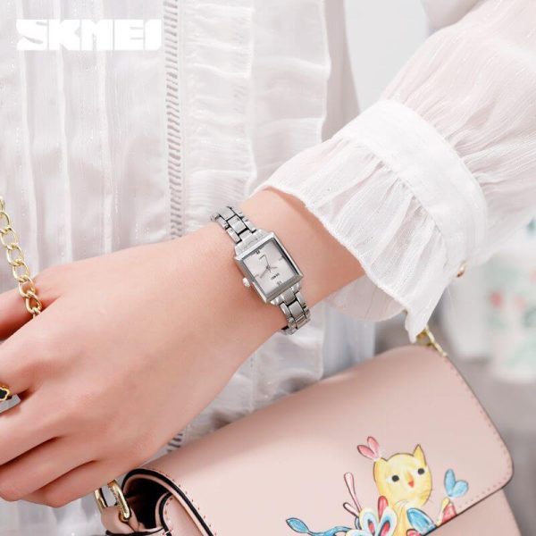 SKMEI 1407 Women's Rectangle Shape Diamond Studded Ultra Thin Stainless Steel Analog Watch - Silver - Image 4