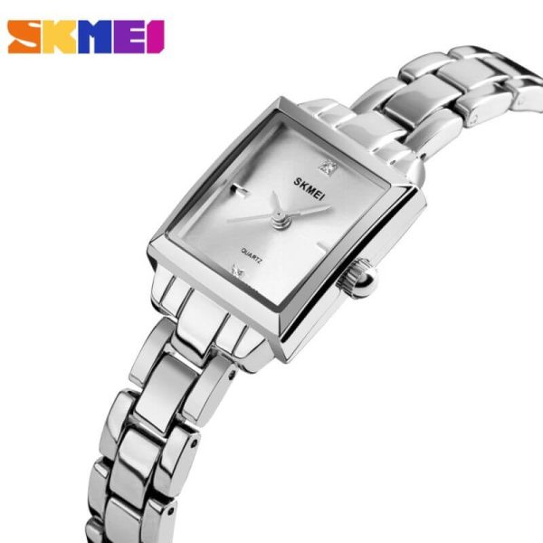 SKMEI 1407 Women's Rectangle Shape Diamond Studded Ultra Thin Stainless Steel Analog Watch - Silver