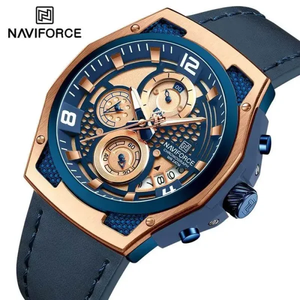 NaviForce NF8051 Men's Fashion Multifunction Chronograph Date Dispaly Leather Strap Watch - Rosegold/Blue