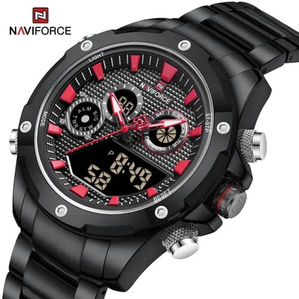 NaviForce NF9217 Men's Dynamic Dual Display Multifunction Stainless Steel Watch - Red/Black