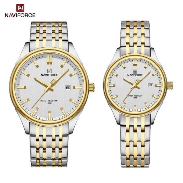 NaviForce NF8039 Simple Business Fashion Quartz Date Display Stainless Steel Watch For Couple - White/Golden