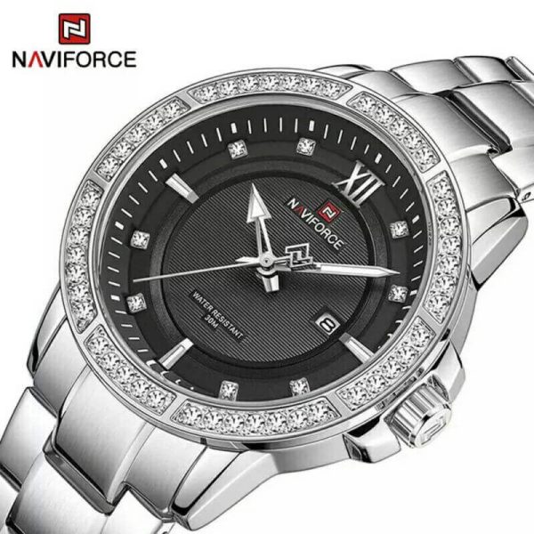 NAVIFORCE NF9187 Diamond Surrounded Date Function Stainless Steel Quartz Watches For Men - Black/Silver