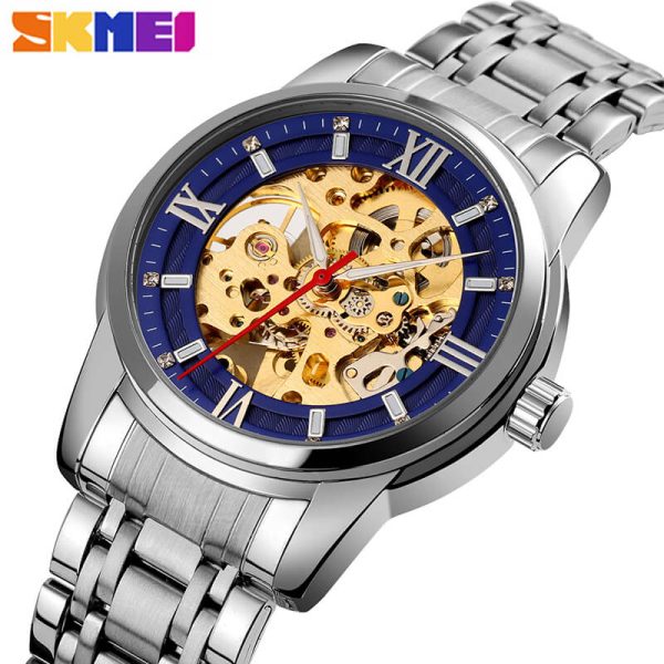 SKMEI 9222 Men's Business Skeleton Hollow Mechanical Automatic Stainless Steel Wristwatch - Silver/Blue